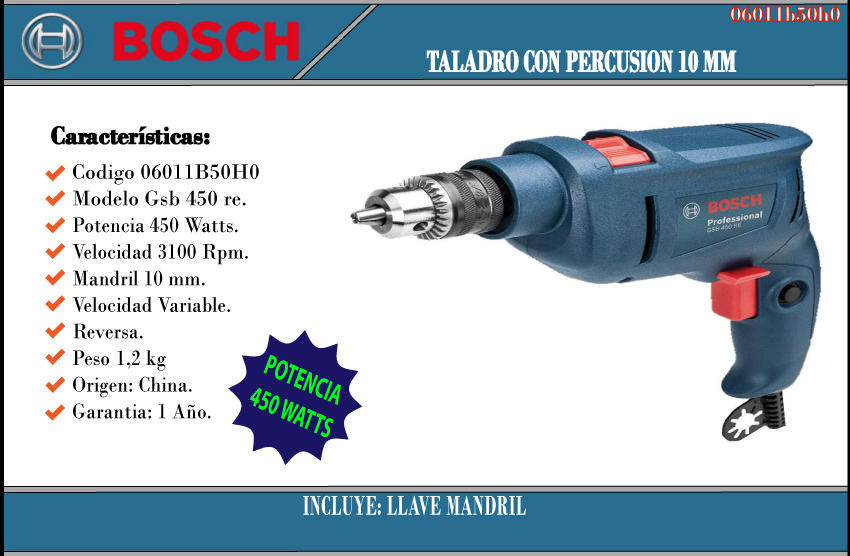 Taladro Percutor 10 mm GSB 450RE Professional Bosch