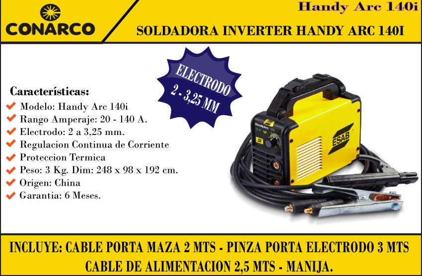 Conarco Soldadora Inverter 140 Amp Esab Handy Arc 140i Elec. 3,25