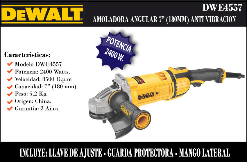 Dewalt Amoladora 180 Mm 7" 2400 W Anti Vibracion Dwe4557-ar