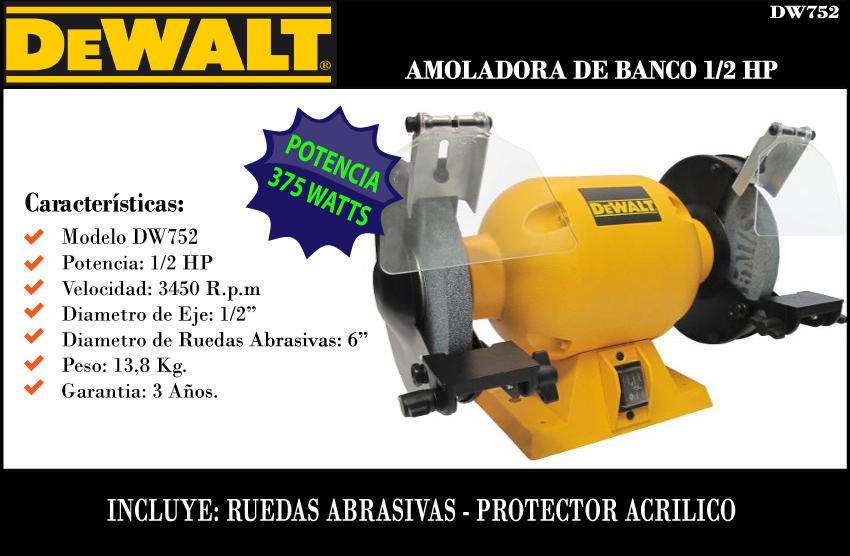 AMOLADORA DE BANCO DEWALT DW752 1/2 HP.