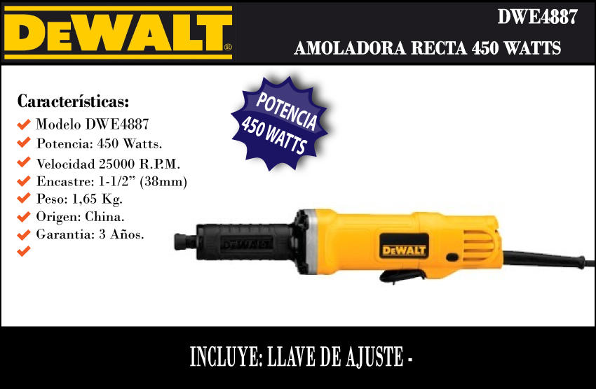AMOLADORA RECTA 6MM 450W DEWALT DWE4887-AR 