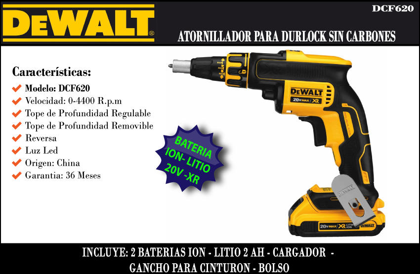 ATORNILLADOR DEWALT 20V XR DRYWALL 2BAT. S/CARBONES DCF620