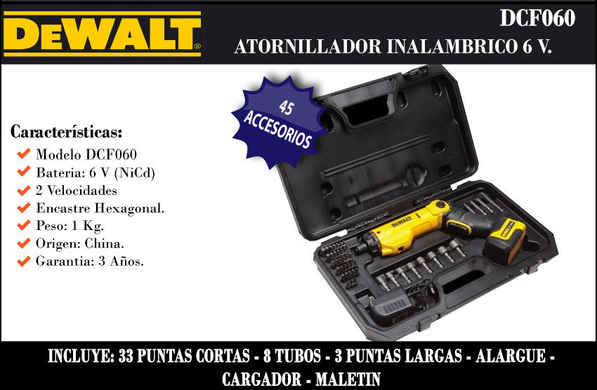 Dewalt Atornillador Pivotante 6v Con 45 Acc Y Maletin