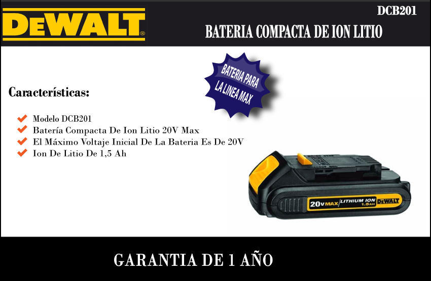 Batería Ion de Litio 20 V 1,5 Ah DeWalt DCB201-B3 