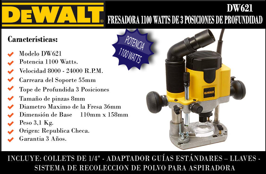 FRESADORA ROUTER 1100W PROFESIONAL DW621 DEWALT –