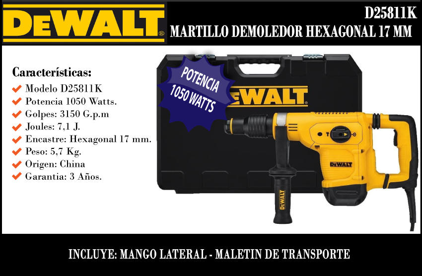 Dewalt Martillo Demoledor Hex 17 D25811k 1050w 7,1j