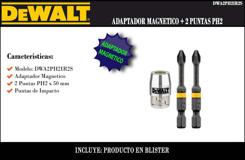 Dewalt Set Ph2 Sujetador Magnetico + 2 Puntas Alto Impacto