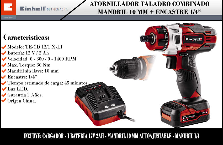 Taladro Atornillador Inalámbrico 12v Einhell TE-CD 12/1 X-Li