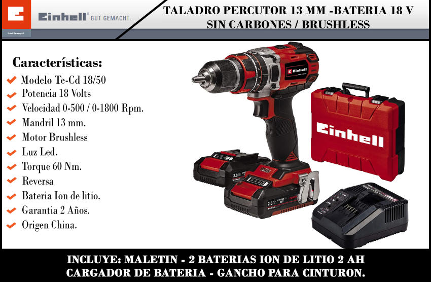 Taladro Percutor Atornillador a Batería Einhell TE-CD 18 Li-i BL Brushless  18v Sin Bateria