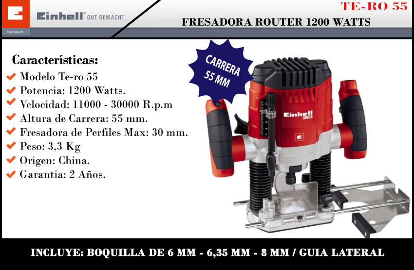 Einhell Fresadora Router 1200 W Boquilla 6 - 8 Y 1/4 Te-ro55 - Centro de  Materiales