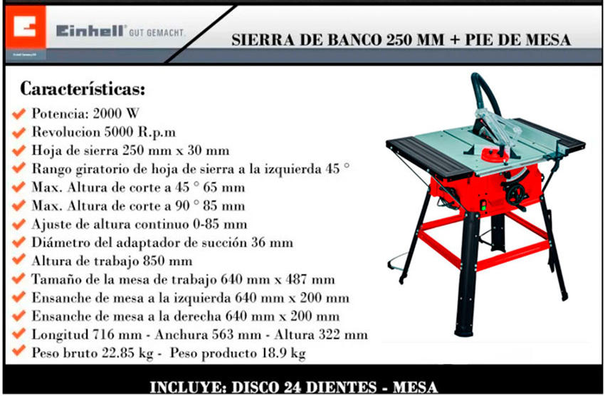 Einhell Sierra Circular De Banco 2000w Tc-ts2025/2 - Centro de Materiales