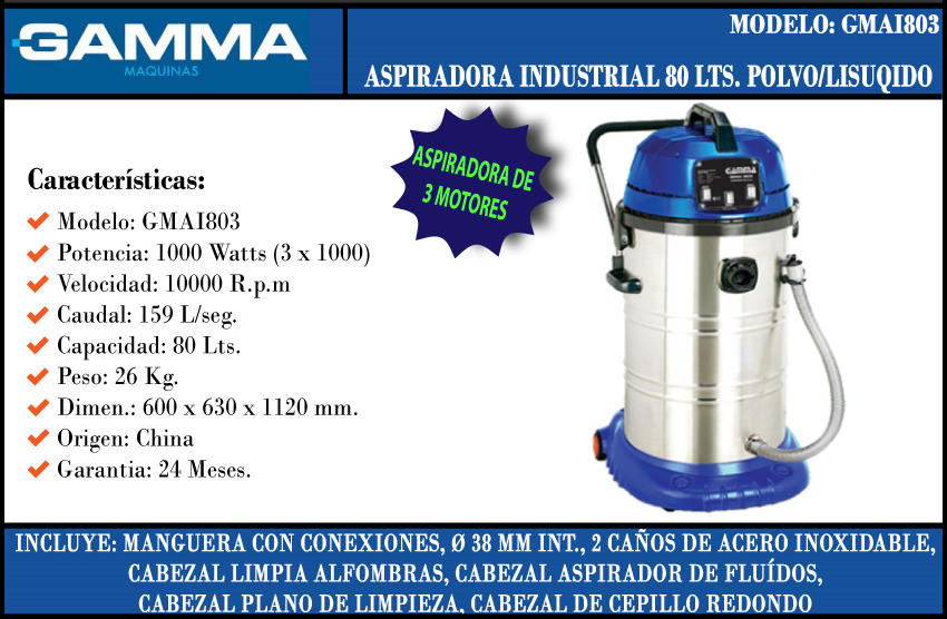 Gamma Aspiradora 80 Lts 3000w 220v 3 Motores