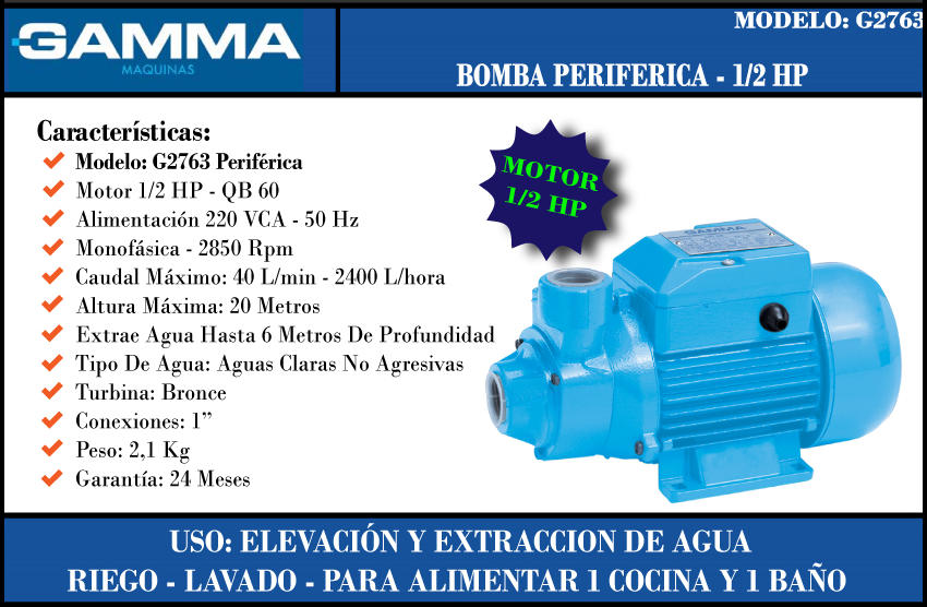 BOMBA DE AGUA PERIFÉRICA GAMMA 1/2HP