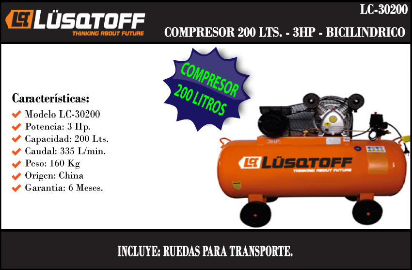 Lusqtoff Compresor 200 Lt 3 Hp Bicilind. A Correa Monof.