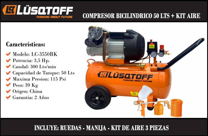 Compresor aire 50 litros 220 V 3.5 Hp Kit Lusqtoff LC-3550BK