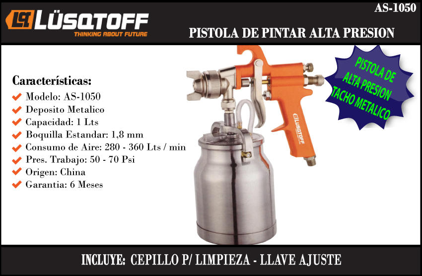 Lusqtoff Pistola De Pintar Alta Presion Dep. 1lt. 280-360 L/min. Boq. 1,8mm 50-70 Psi