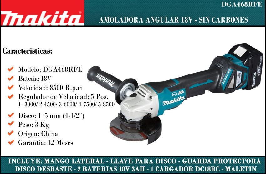 Makita Amoladora 115mm 18v Sin Carbones 2 Bateria Y Cargador