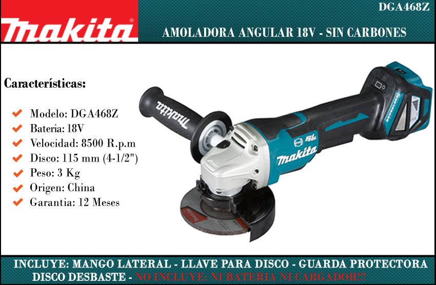 Makita Amoladora 115mm 18v Sin Carbones Sin Bateria Y Sin Cargador - Centro  de Materiales