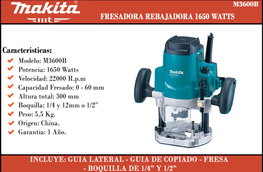 Makita Fresadora Mt 1650 W Boquilla 1/2 Y 1/4 - Centro de Materiales