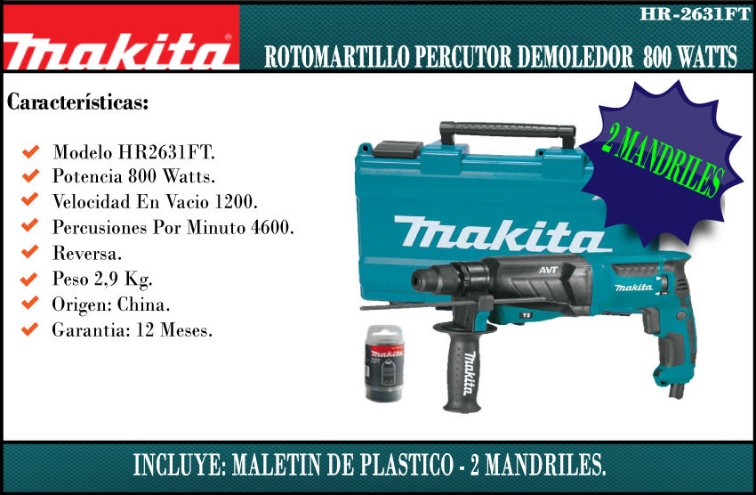 Makita Martillo Rotativo Plus 2 Mandriles Hr2631ft 800w 2,9j 26mm