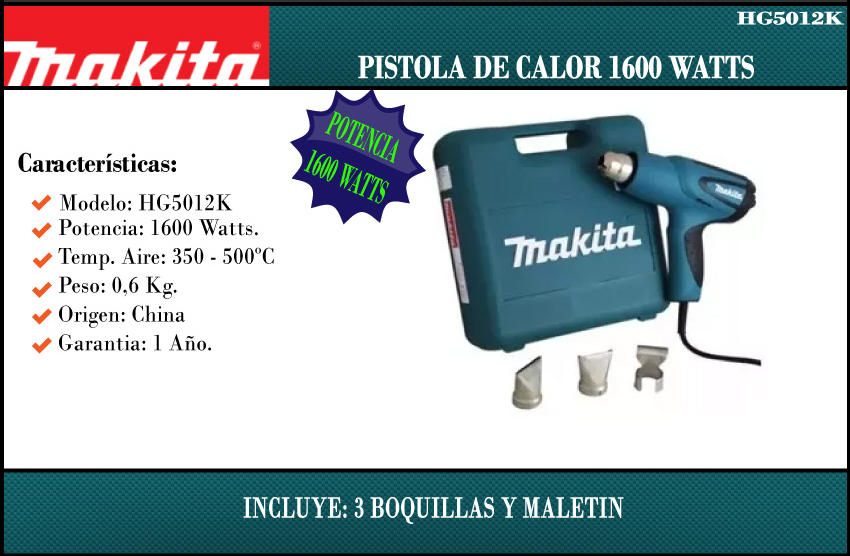 Makita Pistola Calor 1600w + Accesorios Regulador De Temper