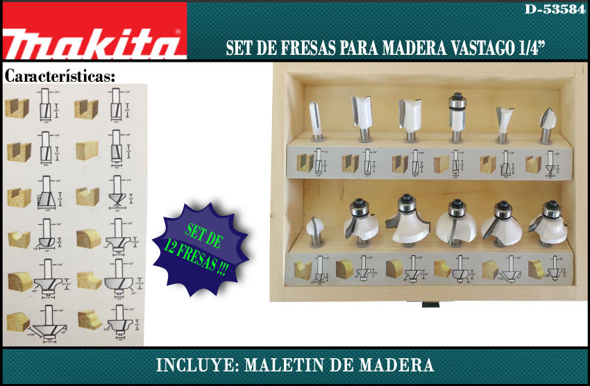 Juego Kit Set de Fresas para Madera Makita D-53344 Vástago 1/4