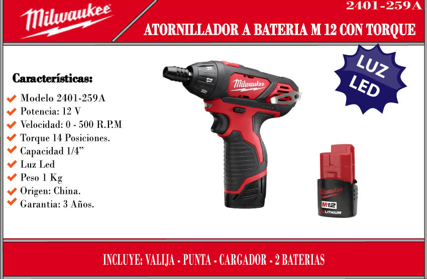 Milwaukee Atornillador 1/4 Hex 12 V Li (2 Baterias - Cargador )