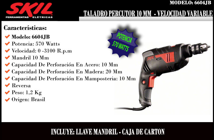 Skil Taladro Percutor 10 Mm Vel Variable 570w (6604jb)