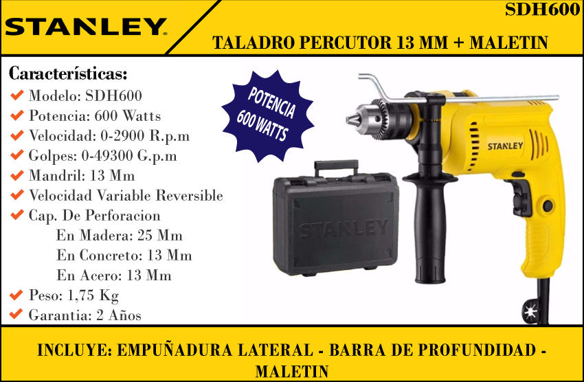 Stanley - Taladro 13mm Percutor 600w Vel. Var. Rever. 2900 Rpm Maletin