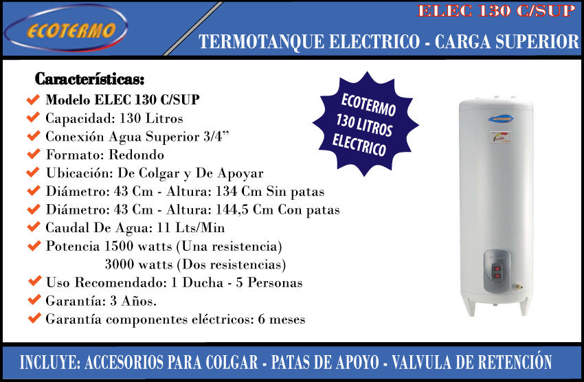 Termotanque Ecotermo 130 Lt Alta Recuperacion Electrico Carga Superior